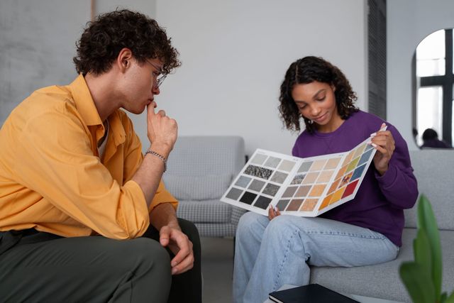 An interior designer reviewing color and material samples with a client