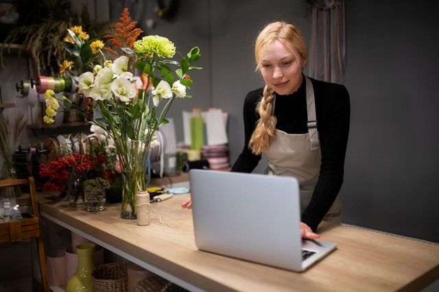 A small business owner updating her website on a laptop at her shop counter