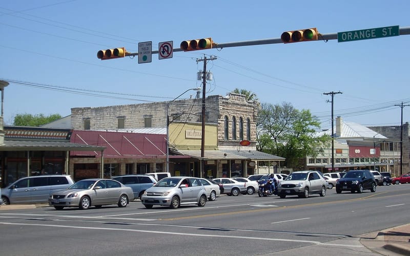 Limestone storefronts on Main Street in Fredericksburg, Texas