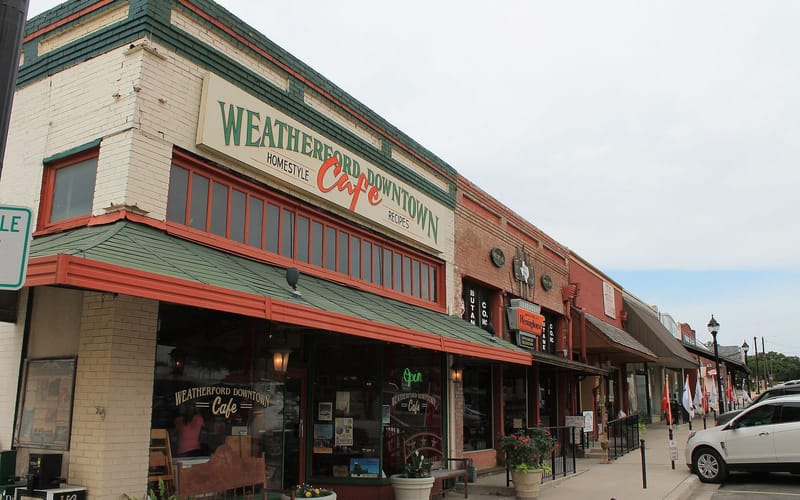 The downtown historic district in Weatherford, Texas