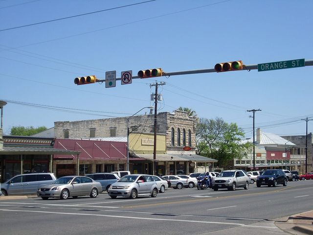 Limestone storefronts on Main Street in Fredericksburg, Texas