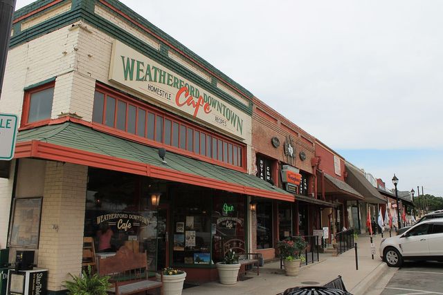 The downtown historic district in Weatherford, Texas