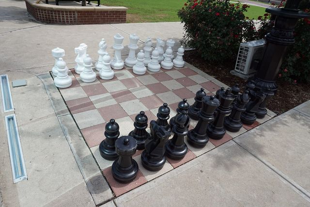 An oversized chess set on Courthouse Square in Sulphur Springs, Texas
